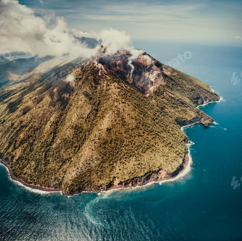 Preview: Fog over Indonesian volcano. Aerial drone shot