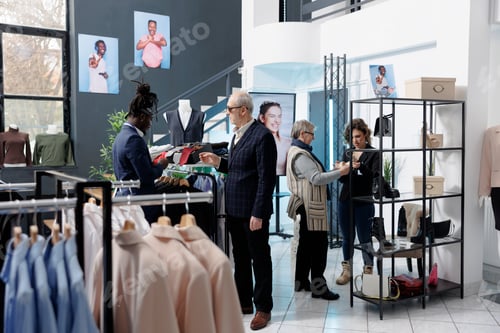 Preview: African american employee helping client with formal outfit