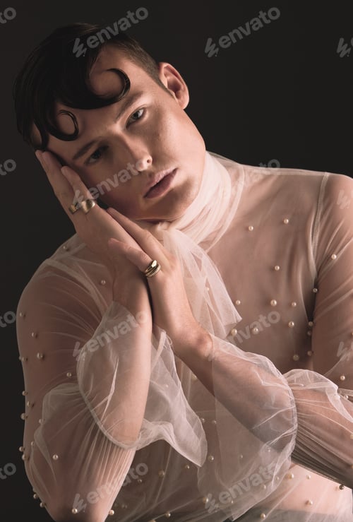 Preview: Gender neutral, vintage fashion and portrait of person with designer clothing and faux pearls in st