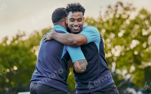 Preview: Man, friends and hug in sports for partnership, teamwork or trust in unity for game or match in nat