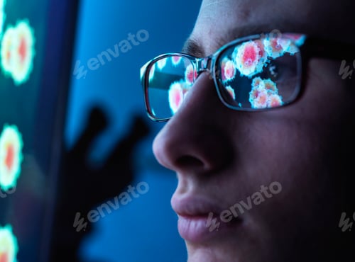 Preview: Closeup of a person with glasses reflecting colorful flowers on a screen