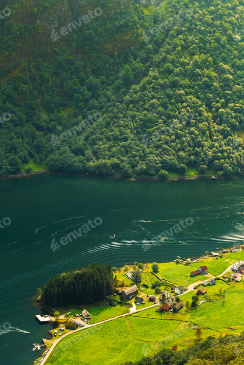 Preview: Aerial view of Scandinavian village on the shore of the narrowes