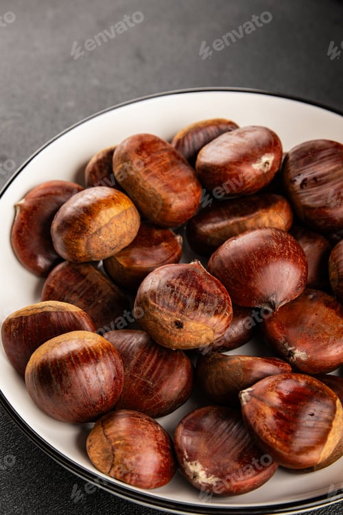 Preview: Edible chestnuts delicious treat tasty snack fresh gourmet food background on table