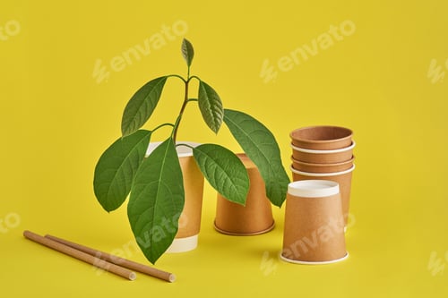 Preview: Drinking tubes made of paper and cornstarch, biodegradable material and eco paper glasses with green