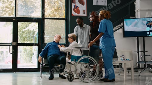 Preview: African american people helping old man to attend checkup consultation