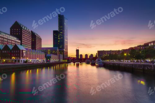 Preview: Rotterdam, Netherlands. View of the city center. Cove and pier for boats and ships
