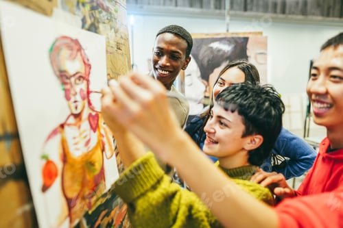 Preview: Multiracial students painting inside art room class - Focus on african guy face