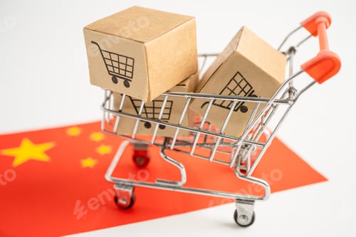 Preview: Box with shopping cart logo and China flag, Import Export Shopping online or eCommerce finance