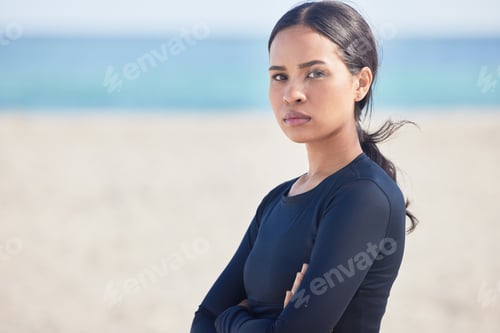 Preview: Mockup space, beach and portrait of serious woman by the ocean ready for surf, exercise and workout
