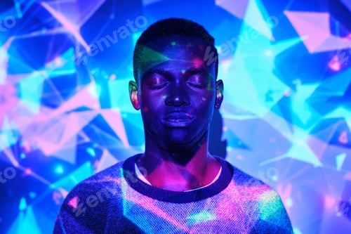 Preview: Peaceful black man standing in colorful neon projection