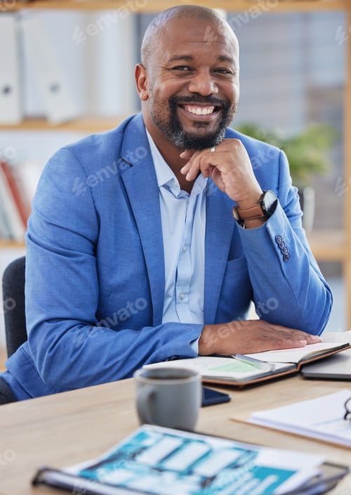 Preview: Happy black man, business manager and ceo working at modern office desk as financial investor, stoc
