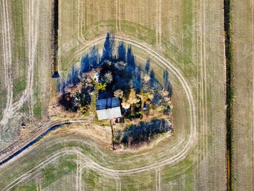 Preview: Drone shot of a field with a lonely house during late Autumn