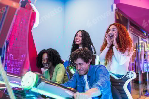 Preview: Friends playing arcade game and having fun together