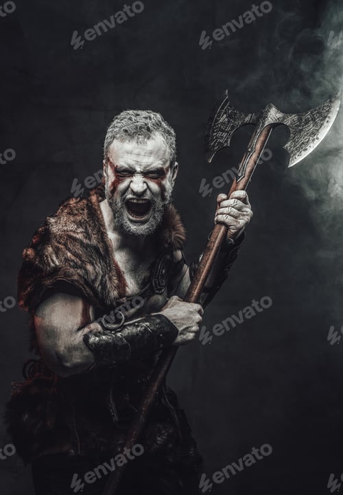 Preview: Violent and savage fighter with axe in dark smokey background