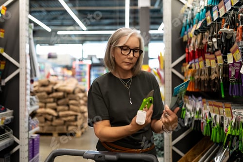 Preview: Woman shopping for gardening tools in a home improvement store during the afternoon