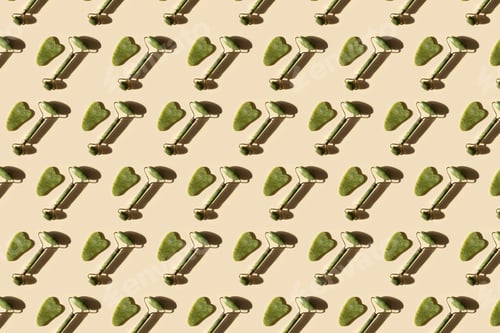 Preview: Repeating pattern with jade Gua sha scraper and facial massager on beige background.