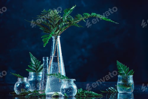 Preview: Clear glass bottles and vases with green fern leaves on a dark background. Natural decorations