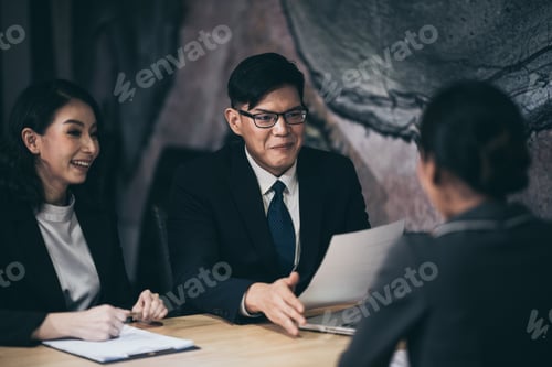 Preview: Job interview, businessman listen to candidate answers.