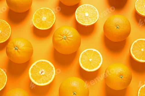 Preview: Flat lay composition with ripe oranges on color background
