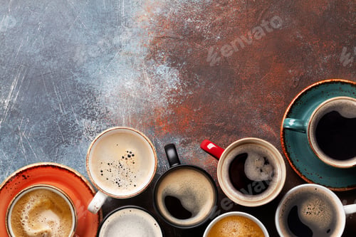 Preview: Many cups of coffee on stone table