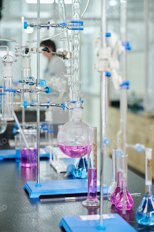 Preview: Workplace of chemist with glassware