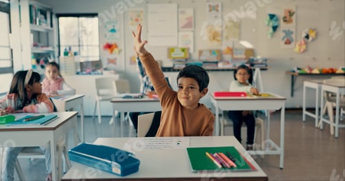 Preview: Boy, child and happy with raised hand at school for question, answer and smile with solution for qu