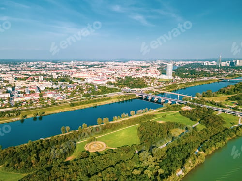 Preview: Aerial drone view of Danube river in Vienna Austria cityscape with danube island