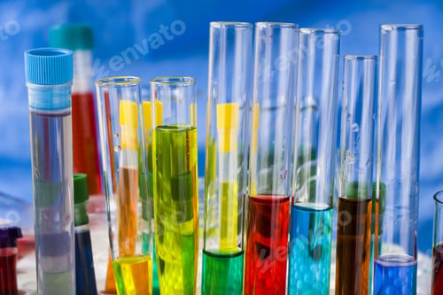 Preview: Closeup shot of glass reagents with colorful liquid and chemical elements