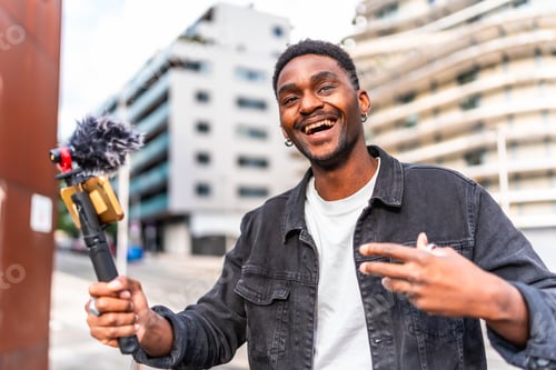 Preview: Young african influencer vlogging walking along the city