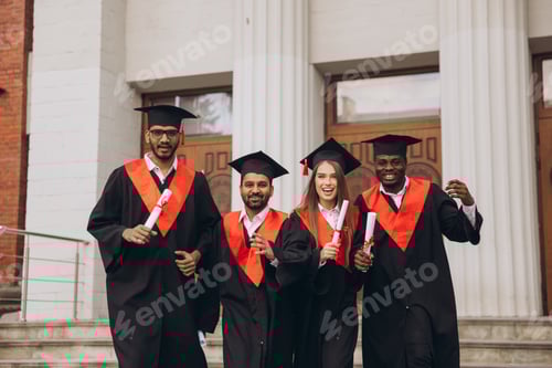 Preview: Group of Happy Graduates Celebrating Success Holding Diplomas Outside University Building