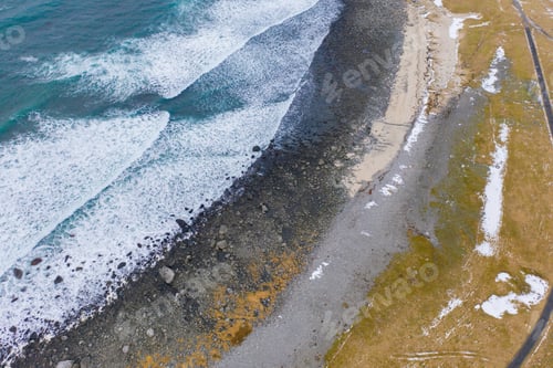 Preview: Lofoten islands, Nordland county, Norway, Europe. White snowy mountain hills and trees, nature