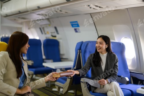 Preview: Asian women passengers receiving gift box in airplane business class cabin