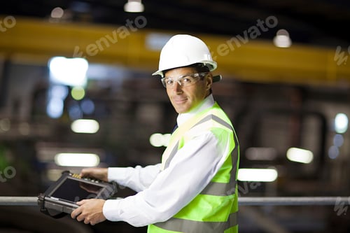 Preview: Engineer in hard hat carrying out a safety inspection at an industrial facility.