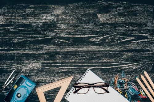 Preview: Top view of composition of colorful school supplies with blank notebook on board background