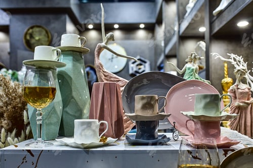 Preview: a showcase with the laying of porcelain dishes. Beautiful merchandising, dishes for restaurants and