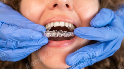Preview: Dentist in gloves applying invisible aligner on female patient teeth at clinic