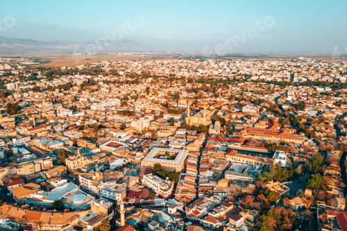 Preview: Aerial view of the iconic walled capital, Nicosia in Cyprus on a bright sunny day