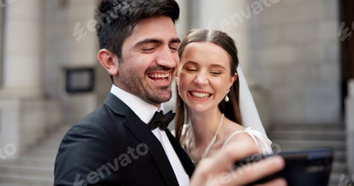 Preview: Couple, selfie and smile with wedding in city, love and care for commitment, memory and post on web