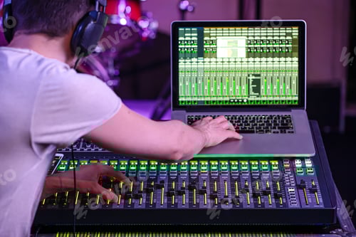 Preview: Digital mixer in a recording Studio , with a computer for recording music.
