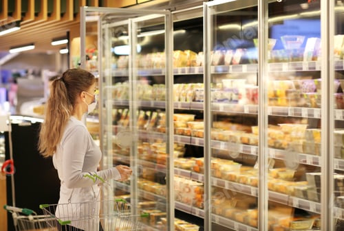 Preview: Woman Choosing Frozen Food From A Supermarket Freeze.Supermarket Shopping, Face Mask