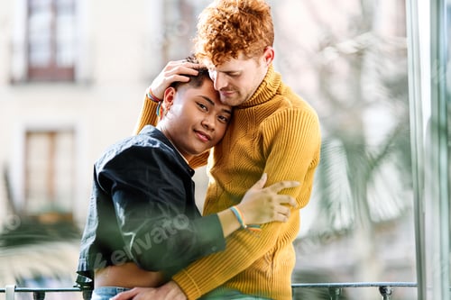 Preview: Multiethnic Gay couple embracing together in the balcony at home in a sunny day