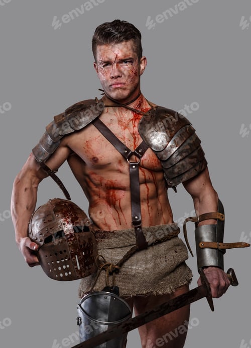 Preview: Wounded gladiator with muscular body in armour