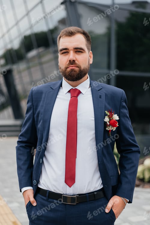 Preview: Close-up portrait of handsome young bridegroom with elegant stylish haircut