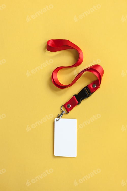 Preview: White plastic badge, red Lanyard with blank space mock up isolated on yellow background