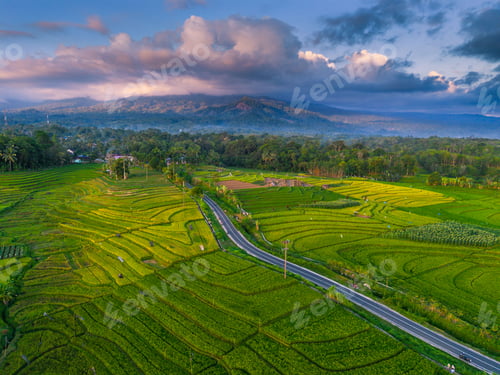 Preview: Wonderful sunrise scenery indonesia nature mountain valley forest with bright sky