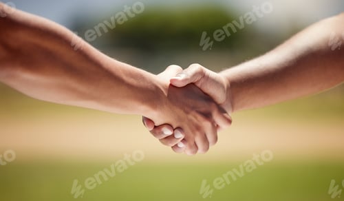 Preview: Teamwork, sports and health with handshake with people playing game for fitness, support and exerci