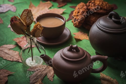 Preview: Still Life- Autumn Motif. Breakfast- Cup Of Coffee Is On The Table. Set Of Dishes And Sweets