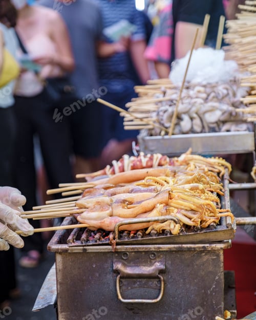 Preview: Grilled squid, China town Bangkok Thailand, Calamari fish bbq on the market