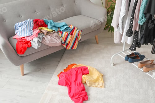 Preview: Mess in dressing room with sofa. Renew wardrobe
