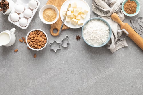 Preview: Christmas culinary background with baking ingredients, copy space for text, top down view